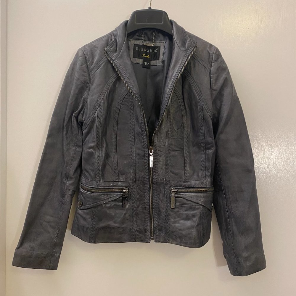 BERNARDO Sz XSP XS Petite 0P Gray Leather Motorcycle Jacket, Fully lined